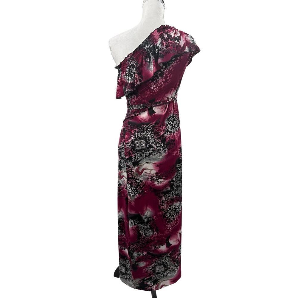 Susie Rose One Shoulder Ruffle Maxi Dress Pink Black Paisley Floral Size S 3/5